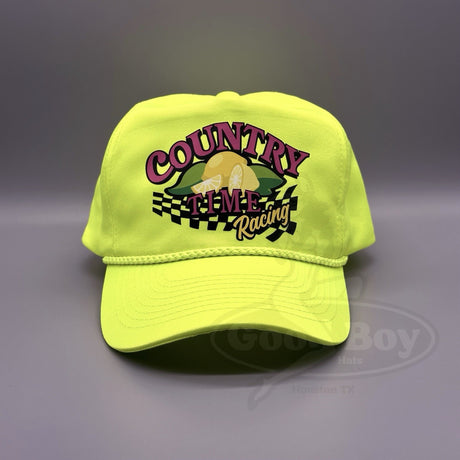 Country Time Racing Hat Vintage Neon Yellow Trucker Rope Cap 80s NASCAR Lemonade