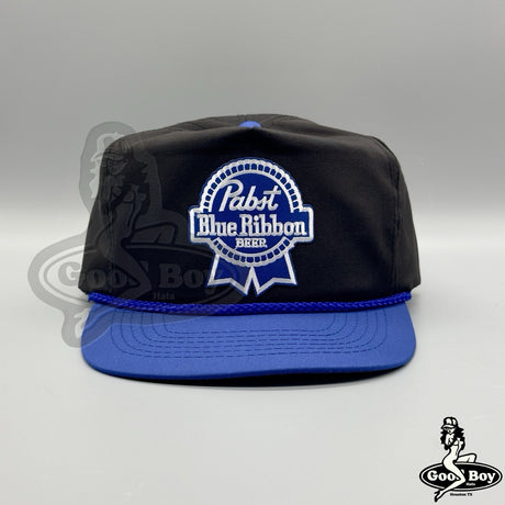 PBR Pabst Blue Ribbon Beer Hat Vintage Retro Black Blue Trucker Rope Cap 90s