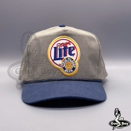 Miller Lite Hat Vintage Retro 2-Tone Khaki Navy Trucker Rope Cap Miller Beer
