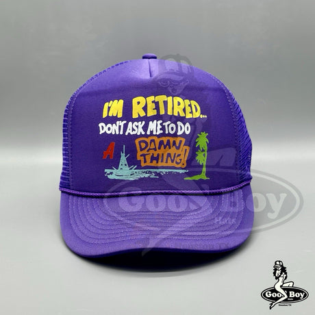 I’m Retired Don't Ask Me To Do A DAMN Thing Trucker Hat Purple VTG Funny Cap 80s