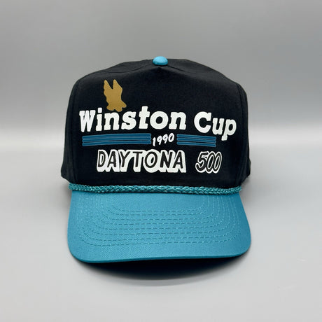 1990 Winston Cup Daytona 500 NASCAR Hat Vintage Black/Teal Trucker Rope Cap