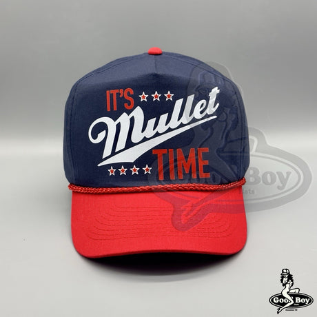 IT’S MULLET  TIME Hat Red White Blue Trucker Rope Cap It’s Miller Time Beer USA