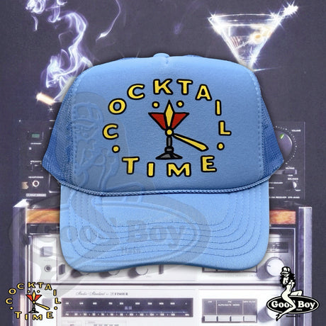 Cocktail Time Trucker Hat Retro Blue Funny Mesh SnapBack Cap Martini Happy Hour