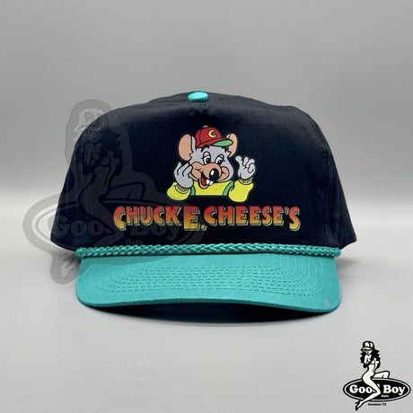 Chuck E Cheese Pizza Hat Vintage Teal Black Trucker Rope Cap 90s Showbiz Pizza
