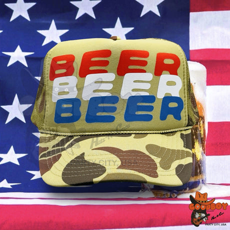 USA BEER Hat Vintage Retro Camo Mesh Trucker Snapback Cap Red White Blue America