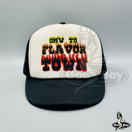 “OMW TO FLAVOR TOWN” Guy Fieri Trucker Hat Rope Snapback Cap Flames Funny