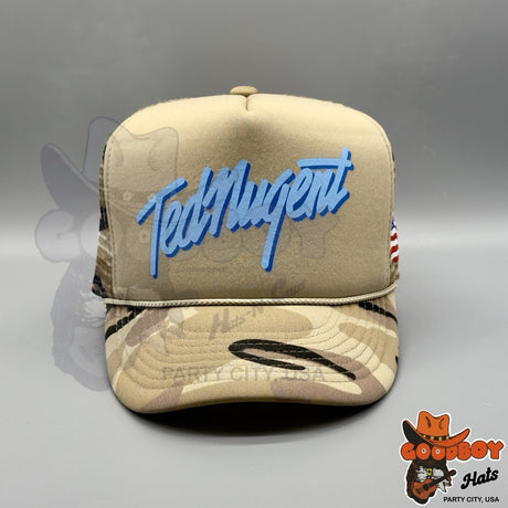 Ted Nugent Camo Trucker Hat Western Style Mens USA American Flag Southern Rock
