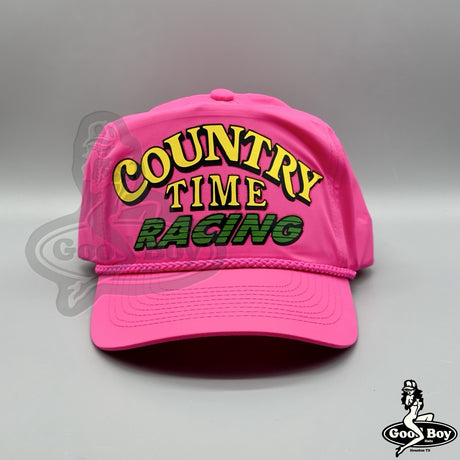 Country Time Racing Hat Vintage Neon Pink  Trucker Rope Cap 80s NASCAR Lemonade