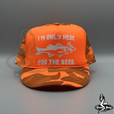 I’m Only Here for the Beer Hat Vintage Retro Orange Camo Mesh Trucker Rope Cap