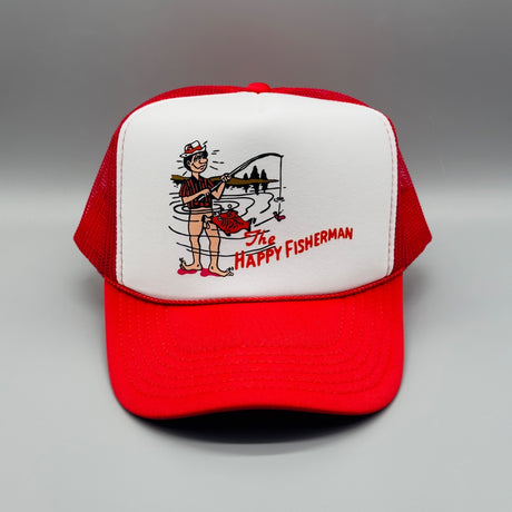 The Happy Fisherman Hat Vintage Red/White Mesh Trucker Rope Cap Funny Fishing