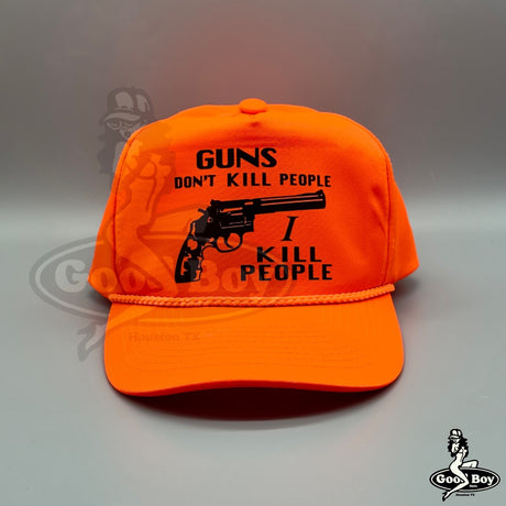 Happy Gilmore “Guns Don’t Kill People I Kill People” Hat Orange Trucker Rope Cap