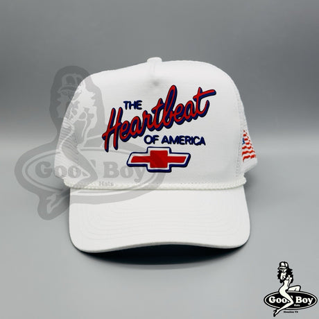 The Heartbeat Of America Chevrolet Hat Vintage Retro White Trucker Cap Chevy USA