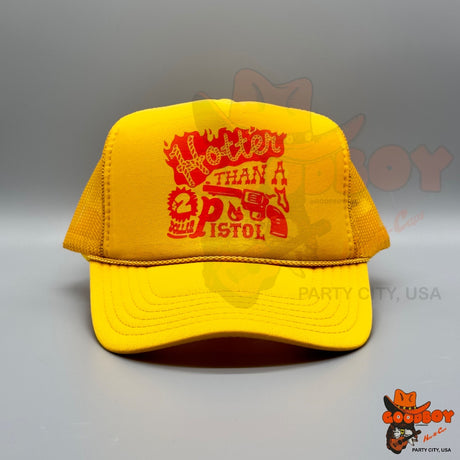 Hotter Than A $2 Dollar Pistol Hat Vintage Retro Yellow Mesh Trucker Rope Cap
