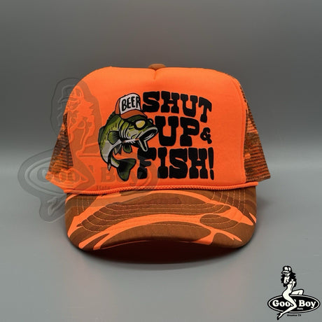 Shut Up & Fish Hat Vintage Retro Neon Orange Camo Mesh Trucker Rope Hat Cap