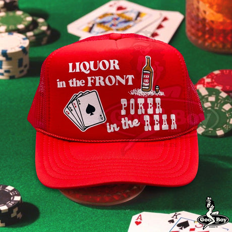 Liquor in the Front Poker in the Rear Trucker Hat Retro Mesh Rope Cap Vegas