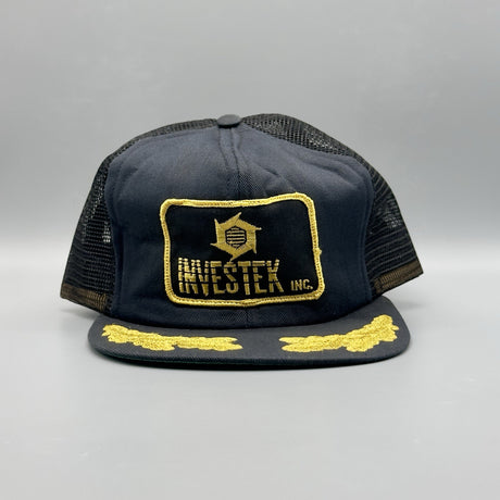 Vintage INVESTEK Inc Trucker Hat Gold Leafs Scrabbled Egg USA Snapback Retro