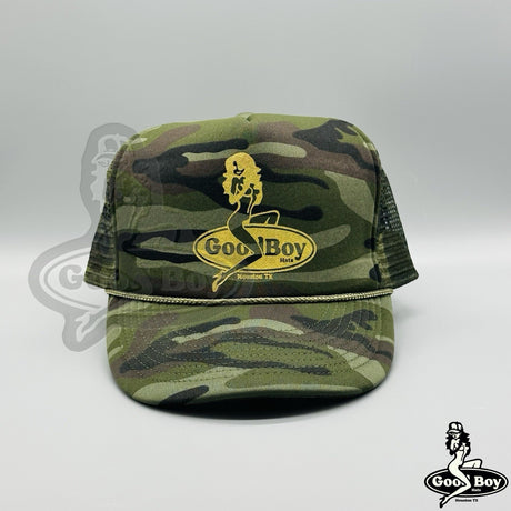 Good Boy Hats Hot Babe Hat Vintage Retro Hunting Camo Gold Trucker Rope Cap