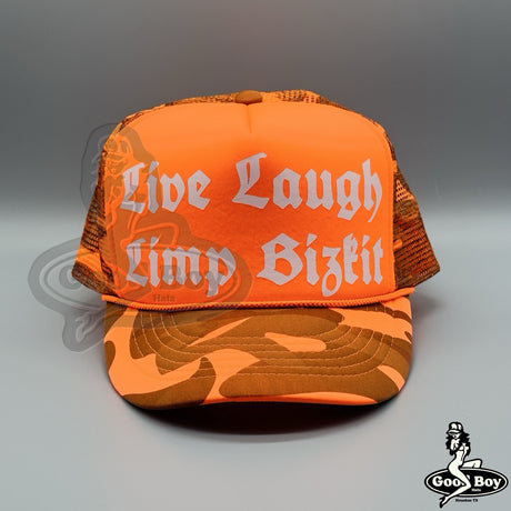 Live Laugh Love Limp Bizkit Hat Neon Orange Camo Trucker Cap 90s Y2K Butt Rock