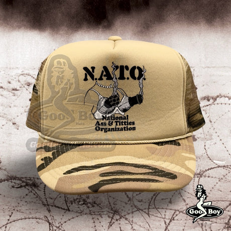 NATO National Ass & Titties Organization Hat Desert Storm Camo Mesh Trucker Cap