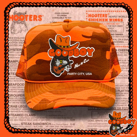 Good Boy Hats Hooters Western Hat Vintage Retro Orange Camo Trucker Rope Cap