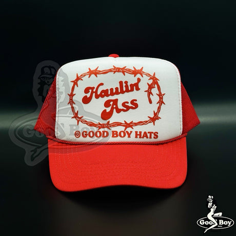 HAULIN’ ASS TRUCKER Hat Trendy Red/White Rope Mesh Snapback Cap Barbed Wire Y2K
